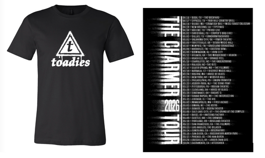 Shirt - Toadies spay paint logo with most April  through June 2026 dates on back - From The Charmer Collection